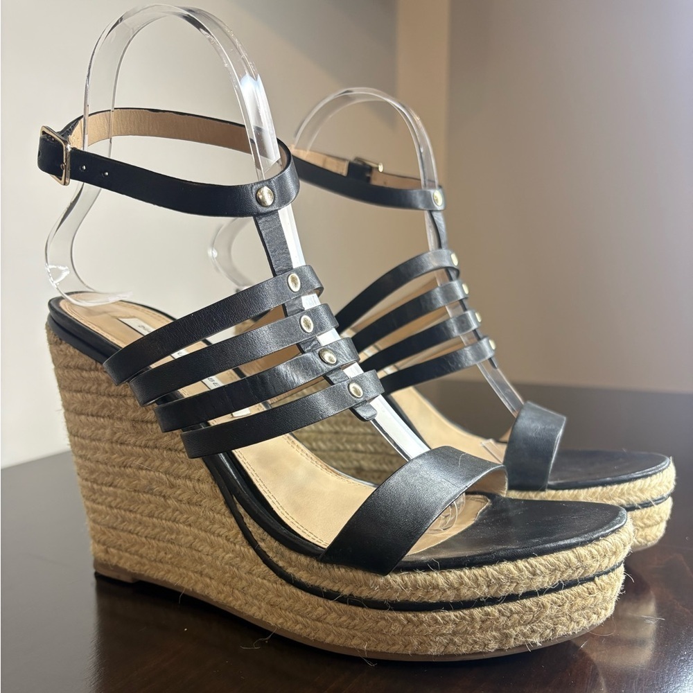 Diane von Furstenberg DVF Black Leather Strappy Espadrille Wedge Sandals 7.5